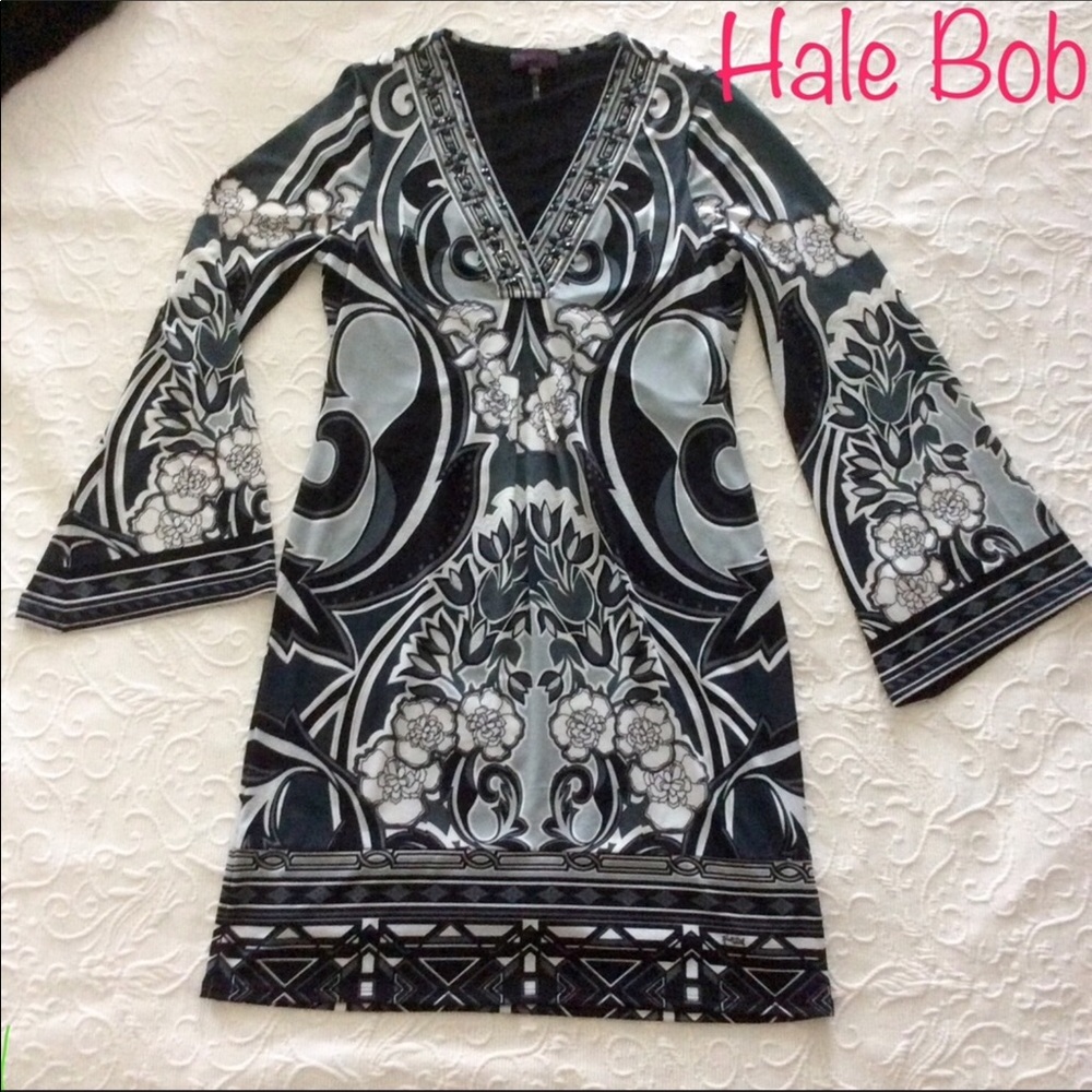 Hale Bob, Lotus Nouveau beaded retro floral print mini dress! V neck - size S